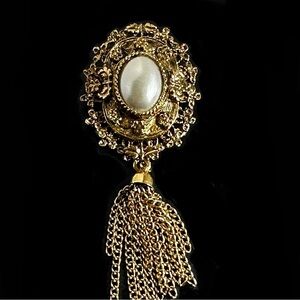Victorian Style Tasseled Brooch Pearl Cabochon Antiqued Filigree Gold Tone
